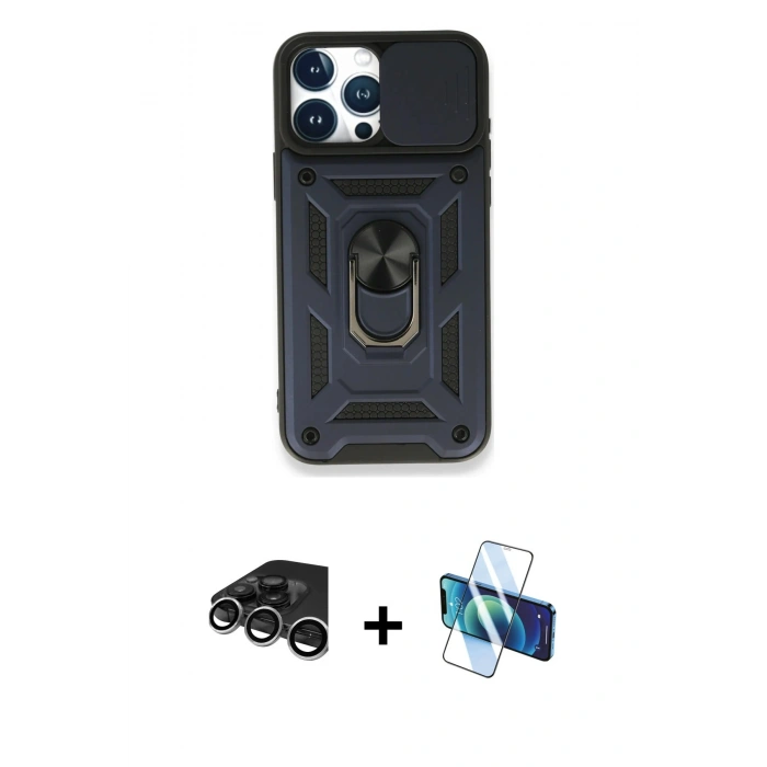 MARSİLYAN™- iPhone 15 Pro Max Kılıf Ahenk Klasik - Siyah 3D Antistatik Seramik Nano Ekran Koruyucu + Raze Metal Kamera Lens - GS