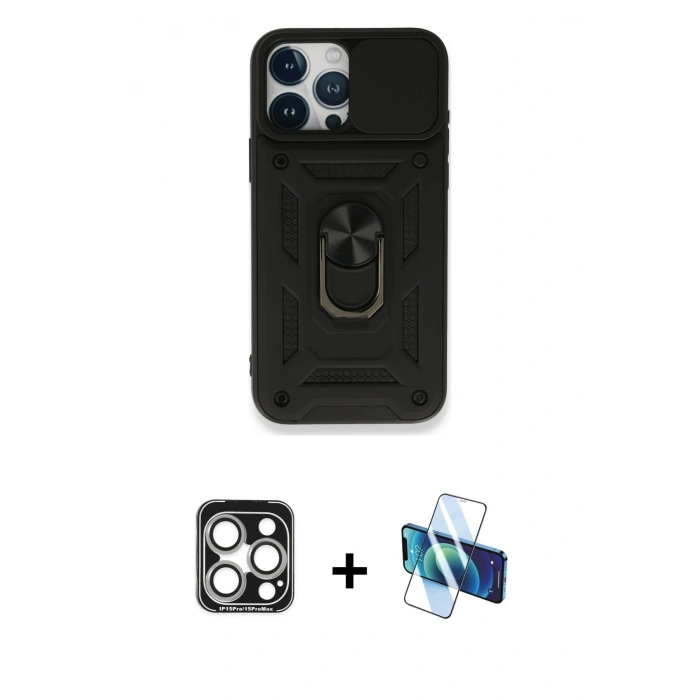MARSİLYAN™- iPhone 15 Pro Max Kılıf Ahenk Klasik - Siyah 3D Antistatik Seramik Nano Ekran Koruyucu + PVD Metal Kamera Lens - GS