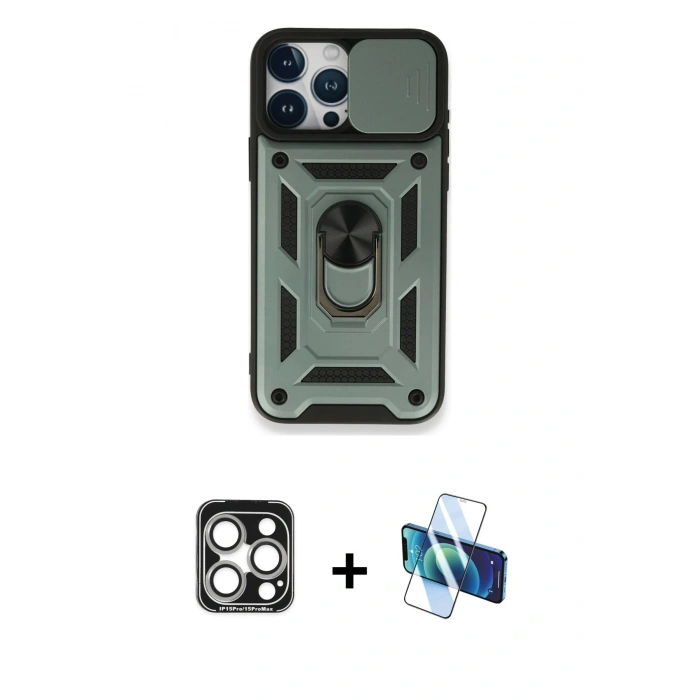 MARSİLYAN™- iPhone 15 Pro Max Kılıf Ahenk Klasik - Siyah 3D Antistatik Seramik Nano Ekran Koruyucu + PVD Metal Kamera Lens - GS