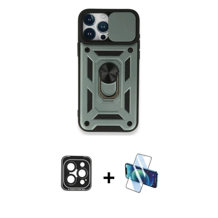 MARSİLYAN™- iPhone 15 Pro Max Kılıf Ahenk Klasik - Siyah 3D Antistatik Seramik Nano Ekran Koruyucu + PVD Metal Kamera Lens - SH