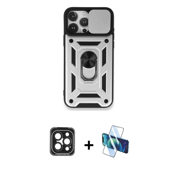 MARSİLYAN™- iPhone 15 Pro Max Kılıf Ahenk Klasik - Siyah 3D Antistatik Seramik Nano Ekran Koruyucu + PVD Metal Kamera Lens - SH