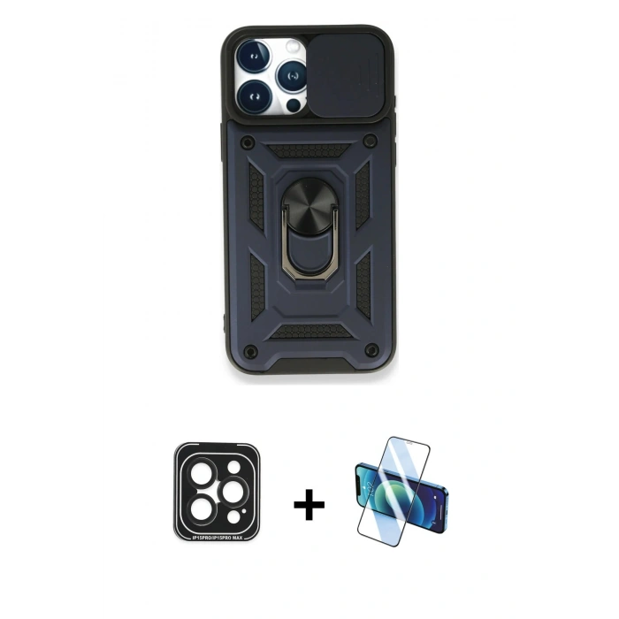 MARSİLYAN™- iPhone 15 Pro Max Kılıf Ahenk Klasik - Siyah 3D Antistatik Seramik Nano Ekran Koruyucu + PVD Metal Kamera Lens - SH