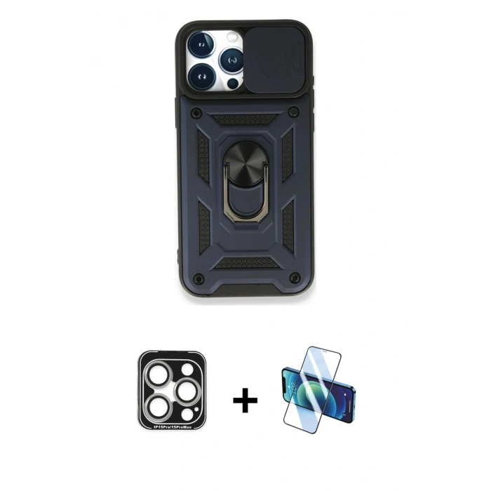 MARSİLYAN™- iPhone 15 Pro Max Kılıf Ahenk Klasik - Siyah 3D Antistatik Seramik Nano Ekran Koruyucu + PVD Metal Kamera Lens - GS