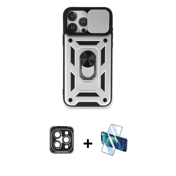 MARSİLYAN™- iPhone 15 Pro Max Kılıf Ahenk Klasik - Siyah 3D Antistatik Seramik Nano Ekran Koruyucu + PVD Metal Kamera Lens - GI