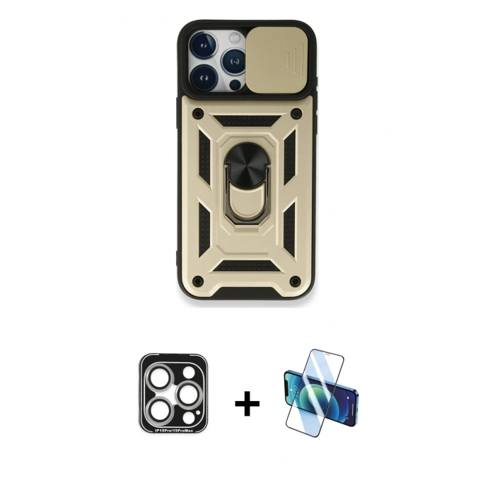 MARSİLYAN™- iPhone 15 Pro Max Kılıf Ahenk Klasik - Siyah 3D Antistatik Seramik Nano Ekran Koruyucu + PVD Metal Kamera Lens - GS