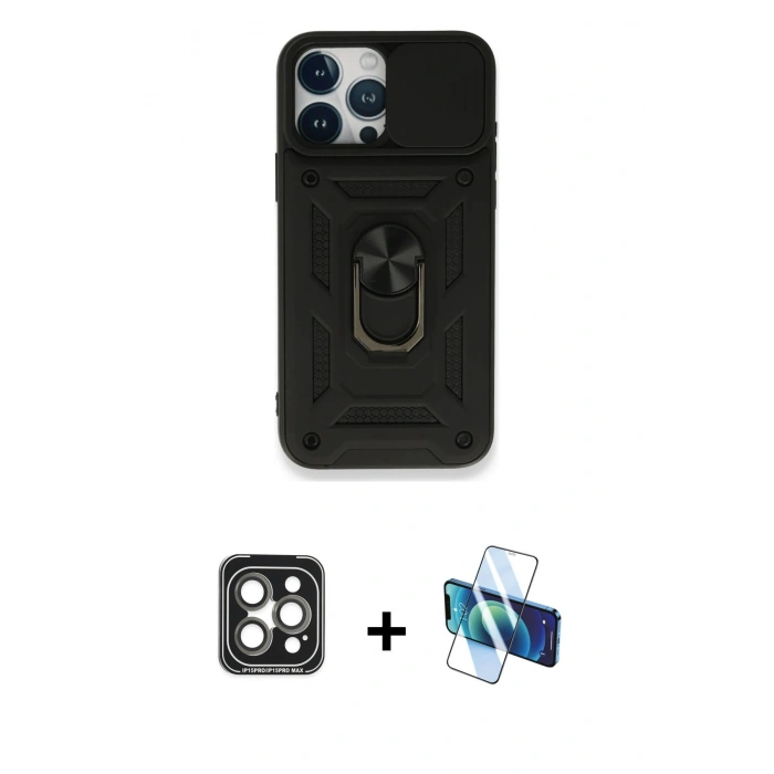 MARSİLYAN™- iPhone 15 Pro Max Kılıf Ahenk Klasik - Siyah 3D Antistatik Seramik Nano Ekran Koruyucu + PVD Metal Kamera Lens - GI