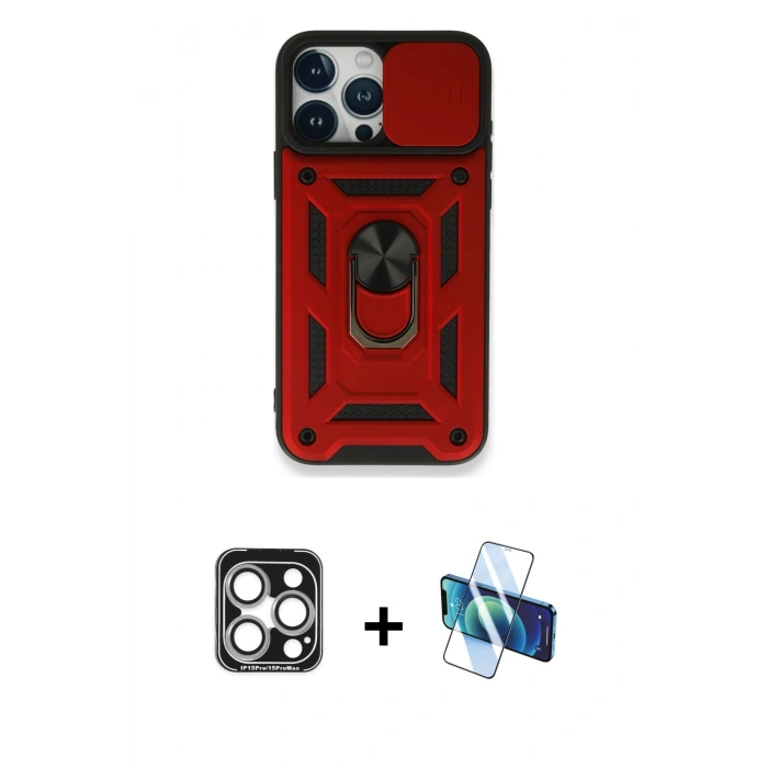 MARSİLYAN™- iPhone 15 Pro Max Kılıf Ahenk Klasik - Siyah 3D Antistatik Seramik Nano Ekran Koruyucu + PVD Metal Kamera Lens - GS