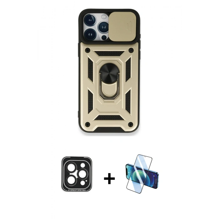 MARSİLYAN™- iPhone 15 Pro Max Kılıf Ahenk Klasik - Siyah 3D Antistatik Seramik Nano Ekran Koruyucu + PVD Metal Kamera Lens - SH