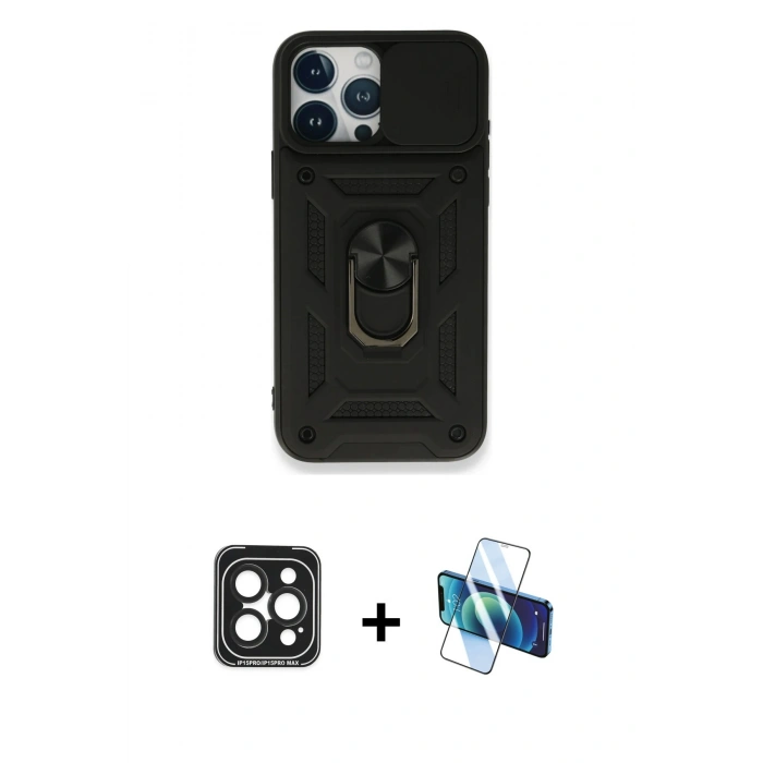 MARSİLYAN™- iPhone 15 Pro Max Kılıf Ahenk Klasik - Siyah 3D Antistatik Seramik Nano Ekran Koruyucu + PVD Metal Kamera Lens - SH