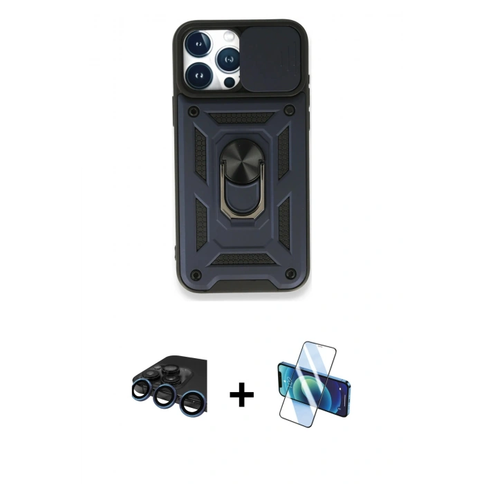 MARSİLYAN™- iPhone 15 Pro Max Kılıf Ahenk Klasik - Siyah 3D Antistatik Seramik Nano Ekran Koruyucu + Raze Metal Kamera Lens - LT