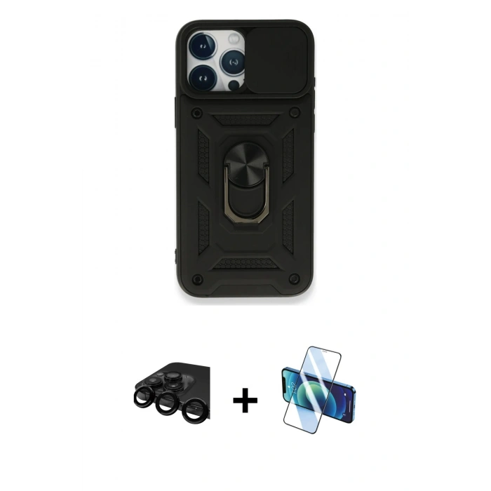 MARSİLYAN™- iPhone 15 Pro Max Kılıf Ahenk Klasik - Siyah 3D Antistatik Seramik Nano Ekran Koruyucu + Siyah Raze Metal Kamera Lens