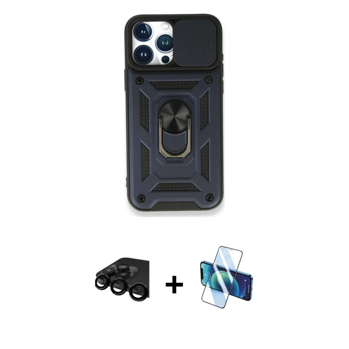MARSİLYAN™- iPhone 15 Pro Max Kılıf Ahenk Klasik - Siyah 3D Antistatik Seramik Nano Ekran Koruyucu + Siyah Raze Metal Kamera Lens