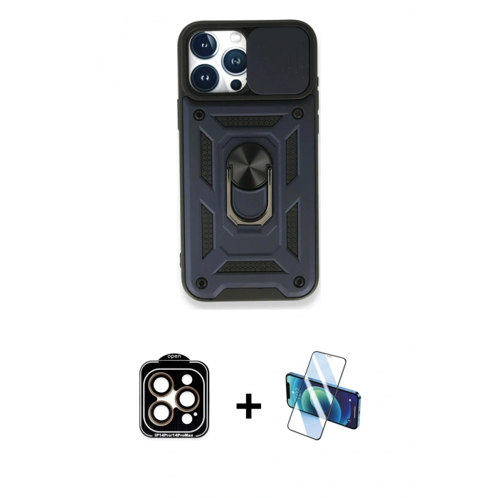 MARSİLYAN™- iPhone 15 Pro Max Kılıf Ahenk Klasik - Siyah 3D Antistatik Seramik Nano Ekran Koruyucu + Turuncu PVD Metal Kamera Lens