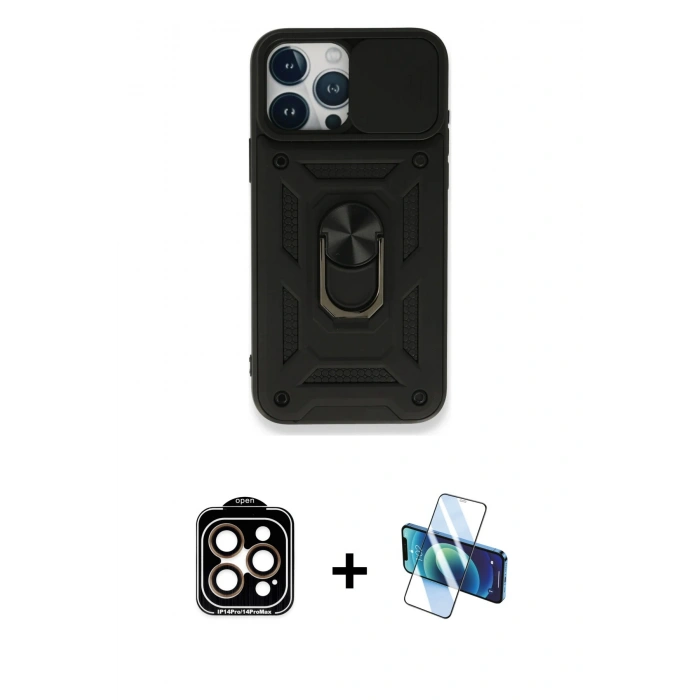 MARSİLYAN™- iPhone 15 Pro Max Kılıf Ahenk Klasik - Siyah 3D Antistatik Seramik Nano Ekran Koruyucu + Turuncu PVD Metal Kamera Lens