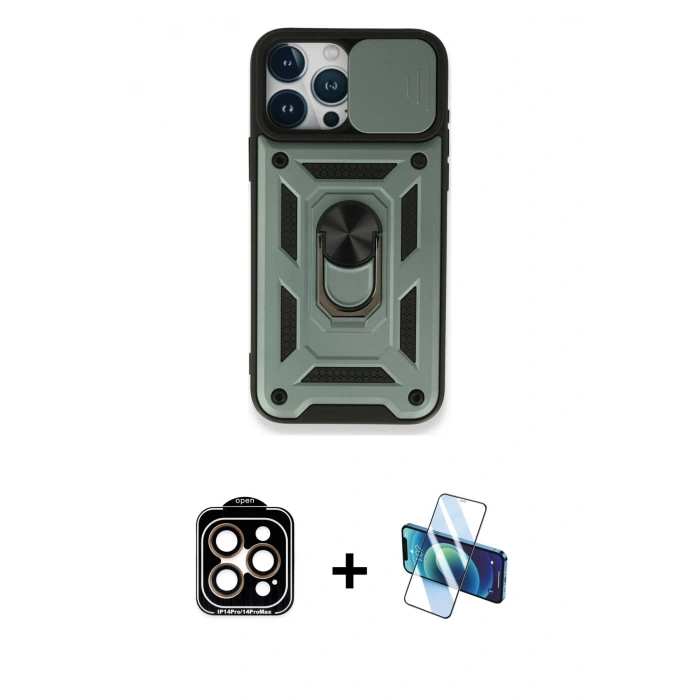 MARSİLYAN™- iPhone 15 Pro Max Kılıf Ahenk Klasik - Siyah 3D Antistatik Seramik Nano Ekran Koruyucu + Turuncu PVD Metal Kamera Lens