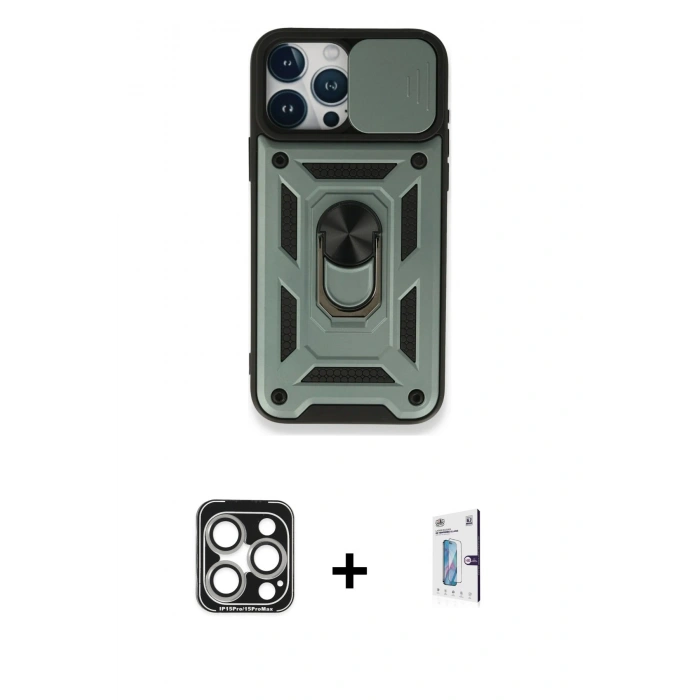 MARSİLYAN™- iPhone 15 Pro Max Kılıf Ahenk Klasik - Siyah Bilvis 0.18mm Plus Cam Ekran Koruyucu + PVD Metal Kamera Lens - GS