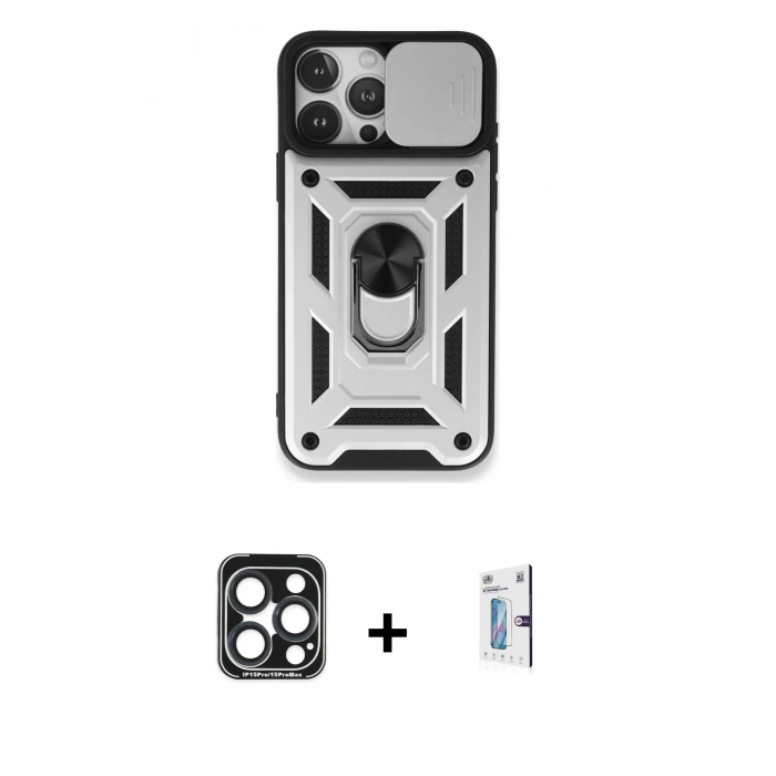 MARSİLYAN™- iPhone 15 Pro Max Kılıf Ahenk Klasik - Siyah Bilvis 0.18mm Plus Cam Ekran Koruyucu + PVD Metal Kamera Lens - LT