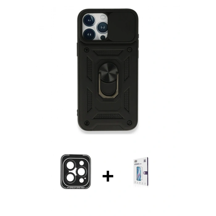 MARSİLYAN™- iPhone 15 Pro Max Kılıf Ahenk Klasik - Siyah Bilvis 0.18mm Plus Cam Ekran Koruyucu + PVD Metal Kamera Lens - SH