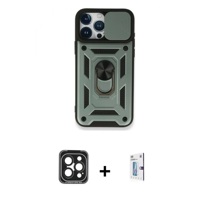 MARSİLYAN™- iPhone 15 Pro Max Kılıf Ahenk Klasik - Siyah Bilvis 0.18mm Plus Cam Ekran Koruyucu + PVD Metal Kamera Lens - SH