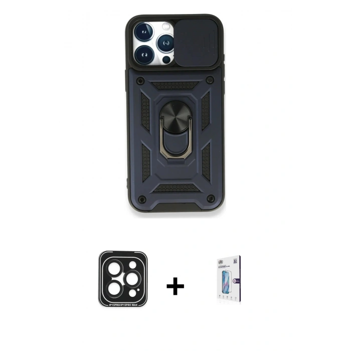 MARSİLYAN™- iPhone 15 Pro Max Kılıf Ahenk Klasik - Siyah Bilvis 0.18mm Plus Cam Ekran Koruyucu + PVD Metal Kamera Lens - SH