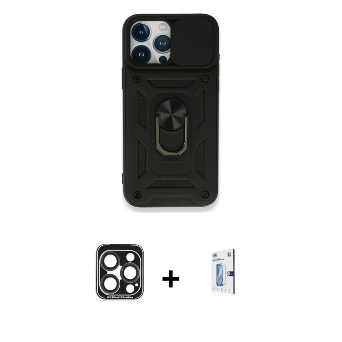 MARSİLYAN™- iPhone 15 Pro Max Kılıf Ahenk Klasik - Siyah Bilvis 0.18mm Plus Cam Ekran Koruyucu + PVD Metal Kamera Lens - LT
