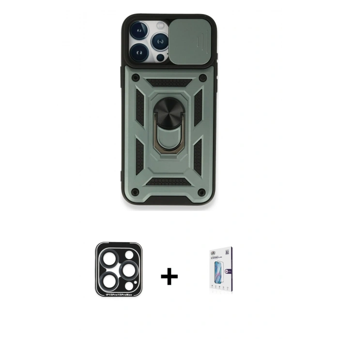 MARSİLYAN™- iPhone 15 Pro Max Kılıf Ahenk Klasik - Siyah Bilvis 0.18mm Plus Cam Ekran Koruyucu + PVD Metal Kamera Lens - LT