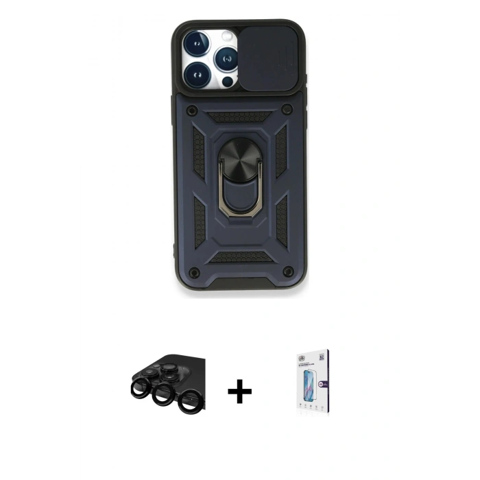 MARSİLYAN™- iPhone 15 Pro Max Kılıf Ahenk Klasik - Siyah Bilvis 0.18mm Plus Cam Ekran Koruyucu + Raze Metal Kamera Lens - SH