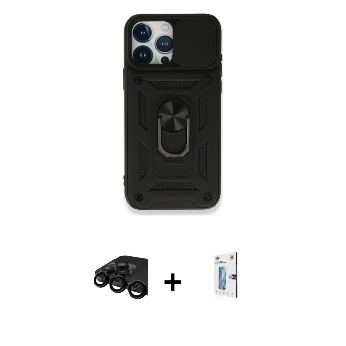 MARSİLYAN™- iPhone 15 Pro Max Kılıf Ahenk Klasik - Siyah Bilvis 0.18mm Plus Cam Ekran Koruyucu + Siyah Raze Metal Kamera Lens