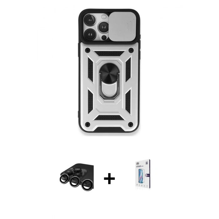MARSİLYAN™- iPhone 15 Pro Max Kılıf Ahenk Klasik - Siyah Bilvis 0.18mm Plus Cam Ekran Koruyucu + Raze Metal Kamera Lens - TMGI