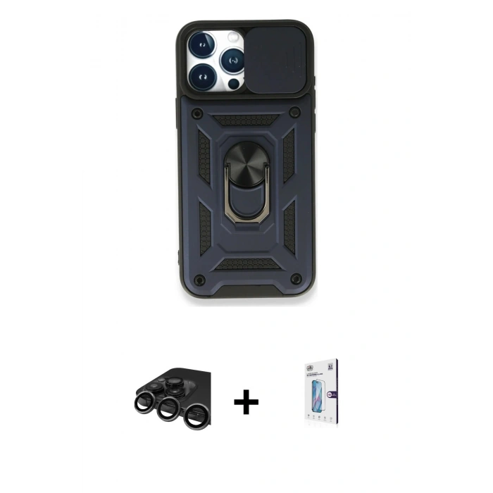 MARSİLYAN™- iPhone 15 Pro Max Kılıf Ahenk Klasik - Siyah Bilvis 0.18mm Plus Cam Ekran Koruyucu + Raze Metal Kamera Lens - TMGI
