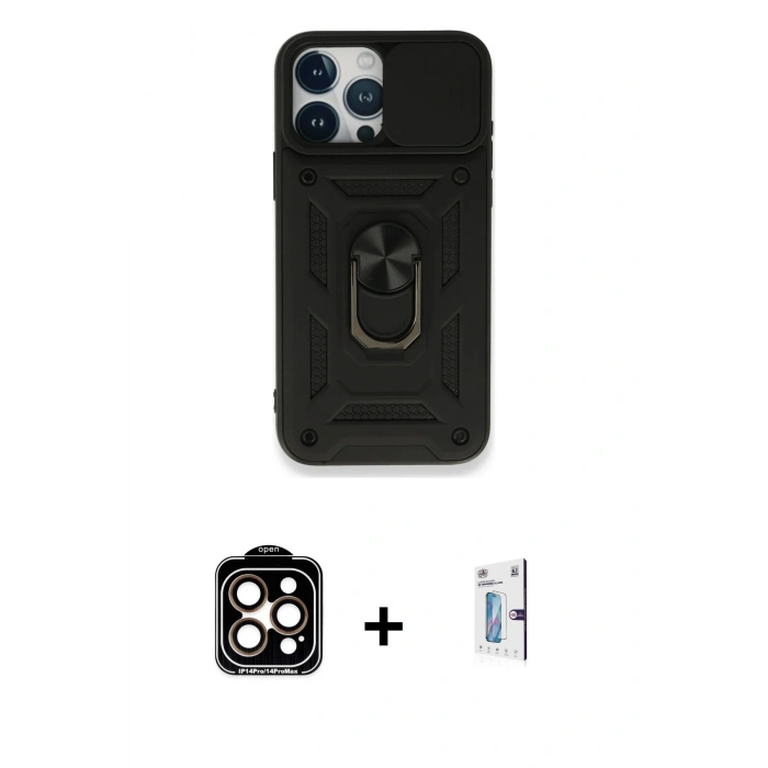 MARSİLYAN™- iPhone 15 Pro Max Kılıf Ahenk Klasik - Siyah Bilvis 0.18mm Plus Cam Ekran Koruyucu + PVD Metal Kamera Lens - TU