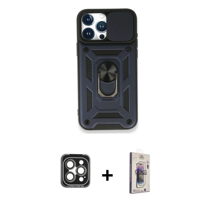 MARSİLYAN™- iPhone 15 Pro Max Kılıf Ahenk Klasik - Siyah Bilvis 3D Cam Ekran Koruyucu + PVD Metal Kamera Lens - GI