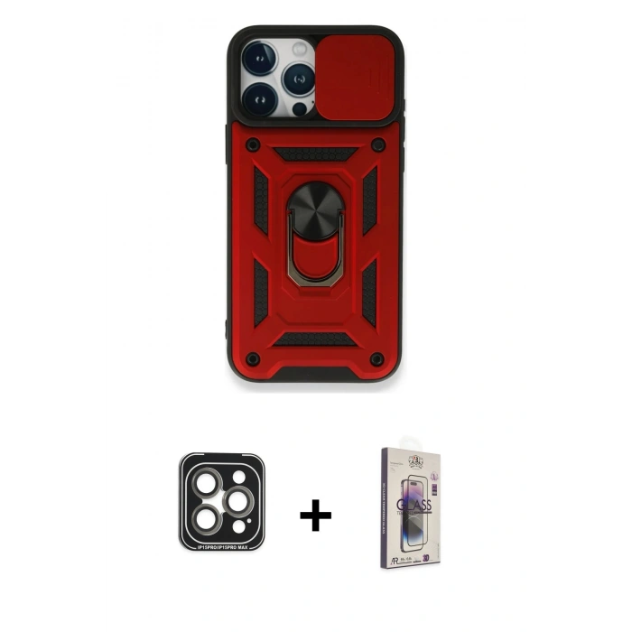 MARSİLYAN™- iPhone 15 Pro Max Kılıf Ahenk Klasik - Siyah Bilvis 3D Cam Ekran Koruyucu + PVD Metal Kamera Lens - GI