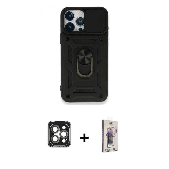 MARSİLYAN™- iPhone 15 Pro Max Kılıf Ahenk Klasik - Siyah Bilvis 3D Cam Ekran Koruyucu + PVD Metal Kamera Lens - GI