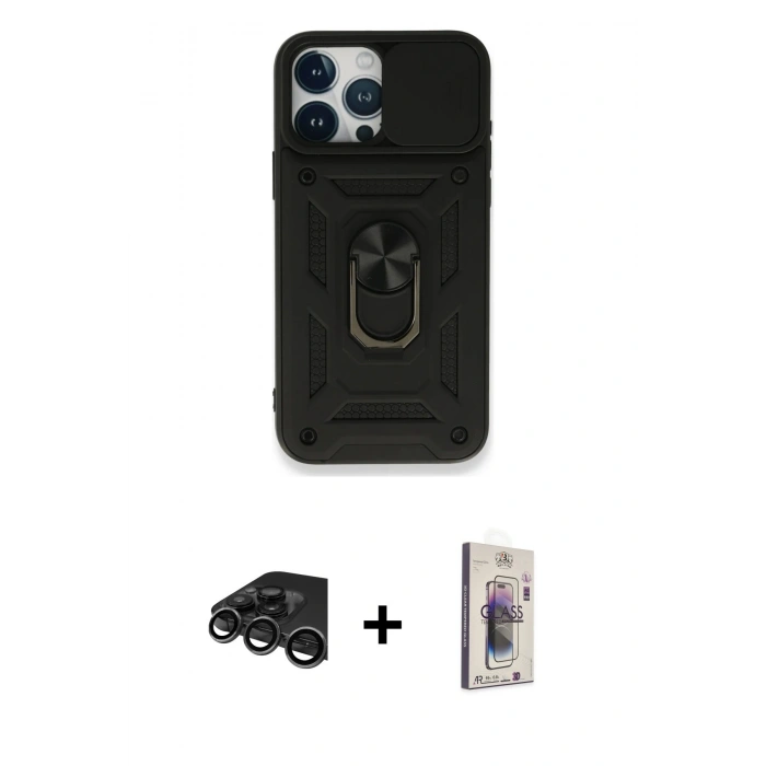 MARSİLYAN™- iPhone 15 Pro Max Kılıf Ahenk Klasik - Siyah Bilvis 3D Cam Ekran Koruyucu + Raze Metal Kamera Lens - TMGI