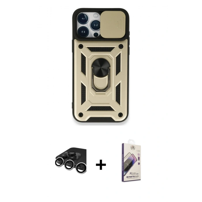 MARSİLYAN™- iPhone 15 Pro Max Kılıf Ahenk Klasik - Siyah Bilvis 3D Mat Cam Ekran Koruyucu + Gümüş Raze Metal Kamera Lens
