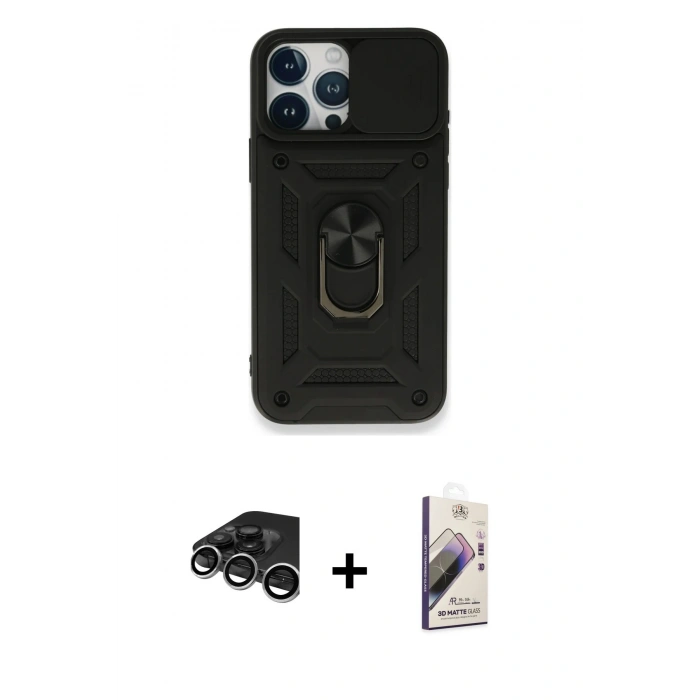 MARSİLYAN™- iPhone 15 Pro Max Kılıf Ahenk Klasik - Siyah Bilvis 3D Mat Cam Ekran Koruyucu + Gümüş Raze Metal Kamera Lens
