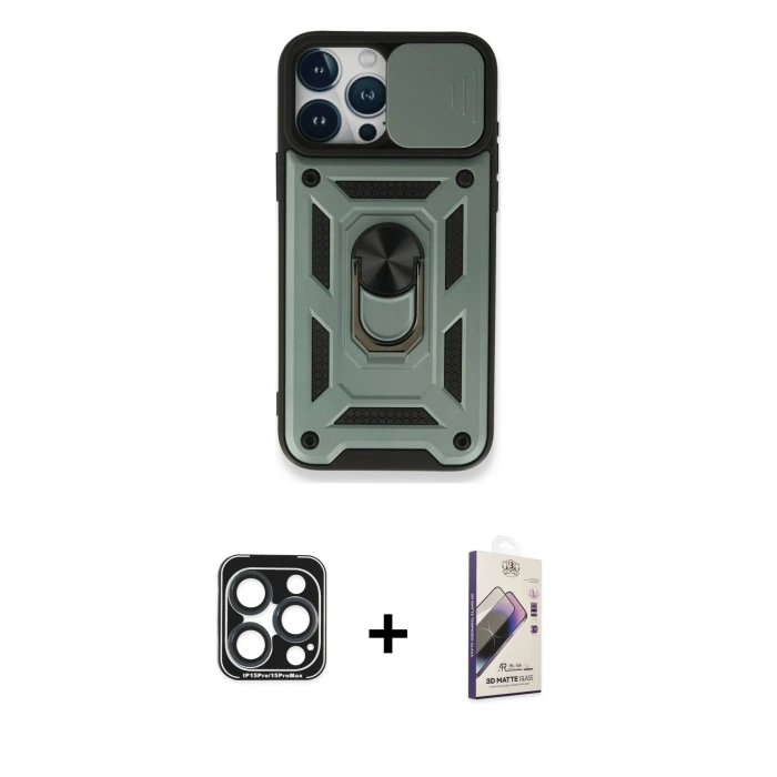 MARSİLYAN™- iPhone 15 Pro Max Kılıf Ahenk Klasik - Siyah Bilvis 3D Mat Cam Ekran Koruyucu + Lacivert PVD Metal Kamera Lens