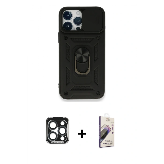 MARSİLYAN™- iPhone 15 Pro Max Kılıf Ahenk Klasik - Siyah Bilvis 3D Mat Cam Ekran Koruyucu + Lacivert PVD Metal Kamera Lens