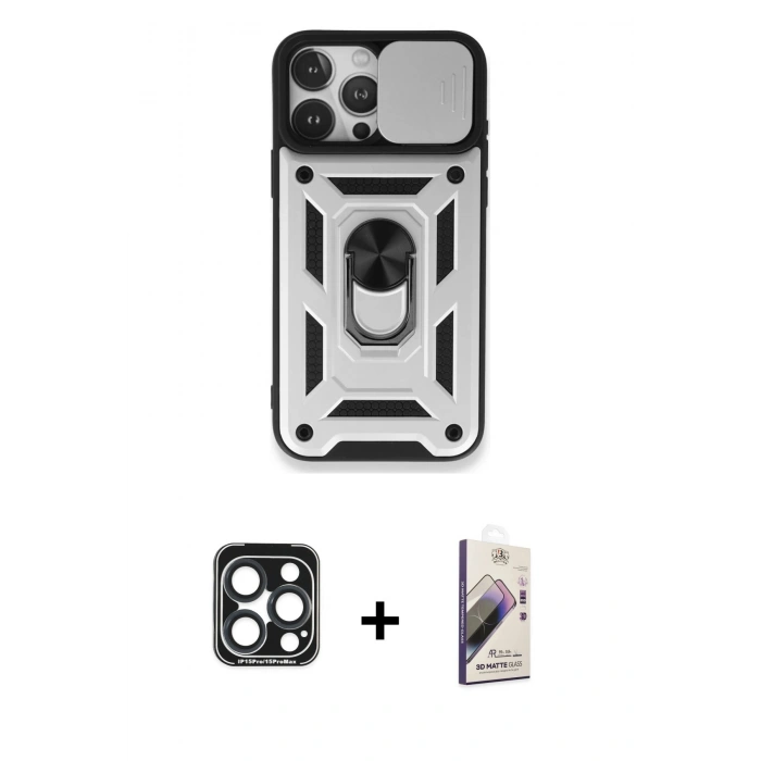 MARSİLYAN™- iPhone 15 Pro Max Kılıf Ahenk Klasik - Siyah Bilvis 3D Mat Cam Ekran Koruyucu + Lacivert PVD Metal Kamera Lens