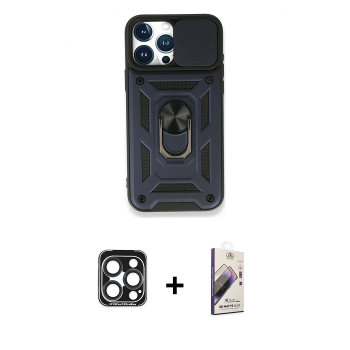 MARSİLYAN™- iPhone 15 Pro Max Kılıf Ahenk Klasik - Siyah Bilvis 3D Mat Cam Ekran Koruyucu + Lacivert PVD Metal Kamera Lens