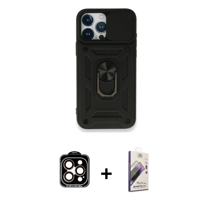 MARSİLYAN™- iPhone 15 Pro Max Kılıf Ahenk Klasik - Siyah Bilvis 3D Mat Cam Ekran Koruyucu + PVD Metal Kamera Lens - TU