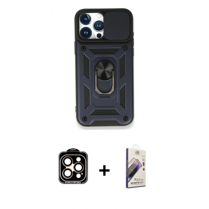 MARSİLYAN™- iPhone 15 Pro Max Kılıf Ahenk Klasik - Siyah Bilvis 3D Mat Cam Ekran Koruyucu + PVD Metal Kamera Lens - TU