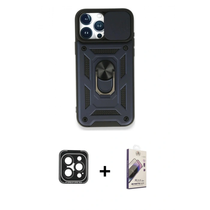 MARSİLYAN™- iPhone 15 Pro Max Kılıf Ahenk Klasik - Siyah Bilvis 3D Mat Cam Ekran Koruyucu + PVD Metal Kamera Lens - SH