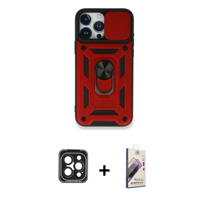 MARSİLYAN™- iPhone 15 Pro Max Kılıf Ahenk Klasik - Siyah Bilvis 3D Mat Cam Ekran Koruyucu + PVD Metal Kamera Lens - SH