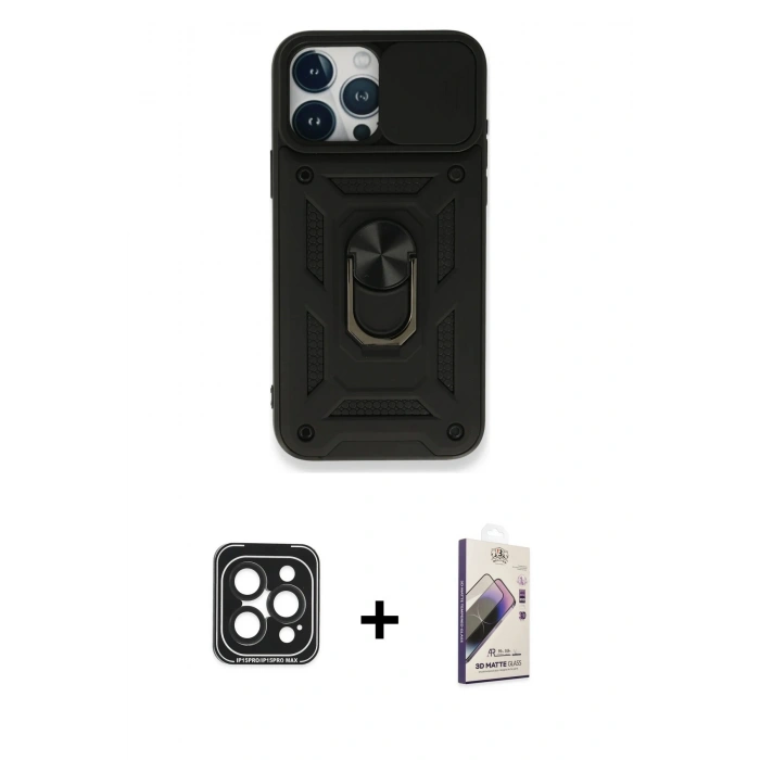 MARSİLYAN™- iPhone 15 Pro Max Kılıf Ahenk Klasik - Siyah Bilvis 3D Mat Cam Ekran Koruyucu + PVD Metal Kamera Lens - SH