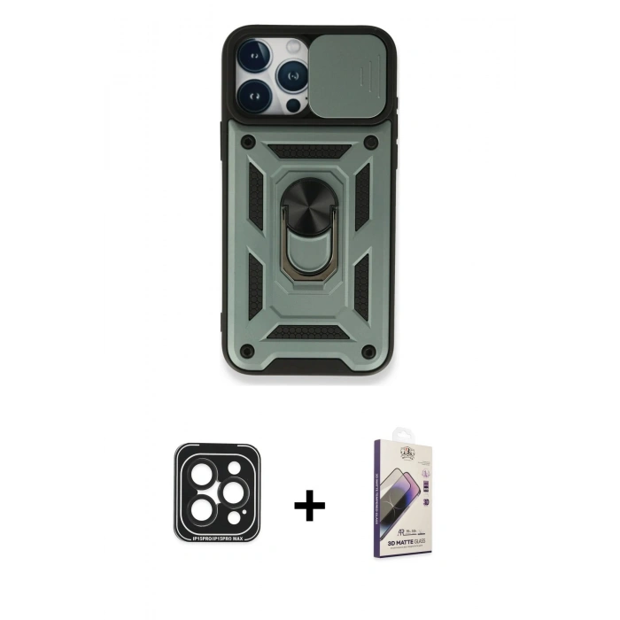 MARSİLYAN™- iPhone 15 Pro Max Kılıf Ahenk Klasik - Siyah Bilvis 3D Mat Cam Ekran Koruyucu + PVD Metal Kamera Lens - SH