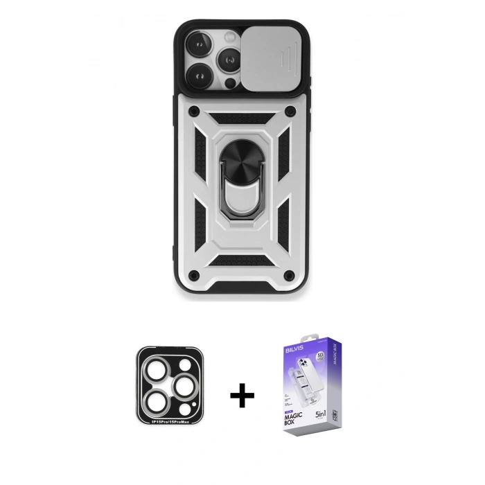 MARSİLYAN™- iPhone 15 Pro Max Kılıf Ahenk Klasik - Siyah Bilvis 5in1 3D Magic Cam Ekran Koruyucu + PVD Metal Kamera Lens - GS