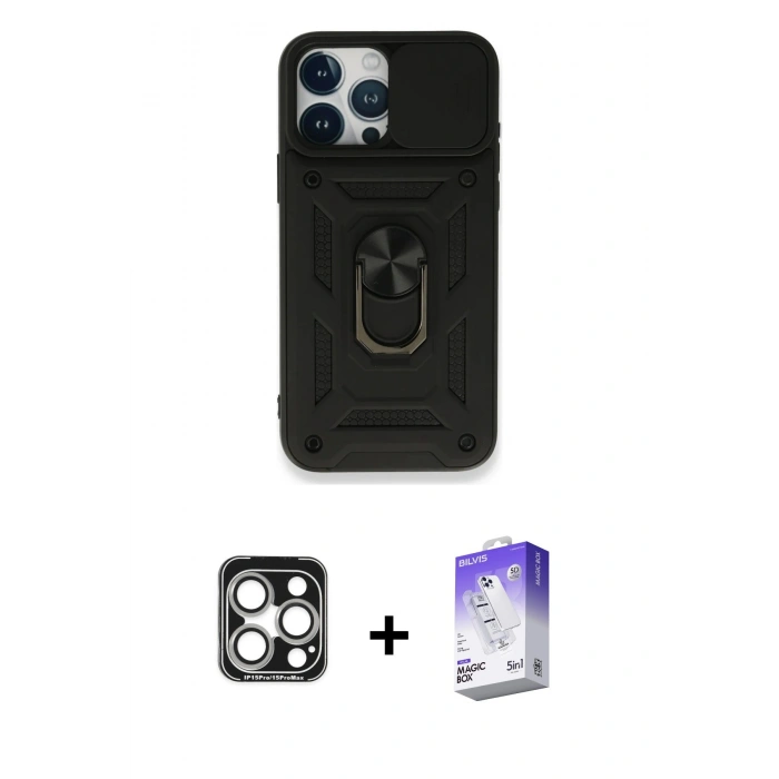 MARSİLYAN™- iPhone 15 Pro Max Kılıf Ahenk Klasik - Siyah Bilvis 5in1 3D Magic Cam Ekran Koruyucu + PVD Metal Kamera Lens - GS