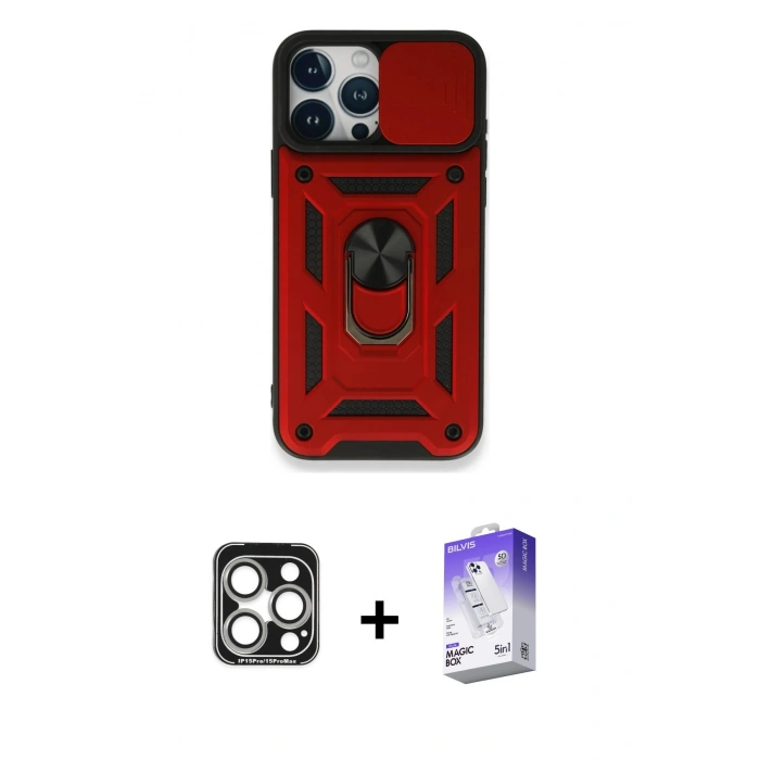 MARSİLYAN™- iPhone 15 Pro Max Kılıf Ahenk Klasik - Siyah Bilvis 5in1 3D Magic Cam Ekran Koruyucu + PVD Metal Kamera Lens - GS